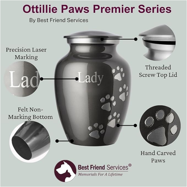 Pet Urn for Dogs and Cats with Personalized Laser Engraving, Ottillie Paws Premier Series Memorial Urns (Medium Sapphire Blue with Vertical Pewter Paws) - Image 5